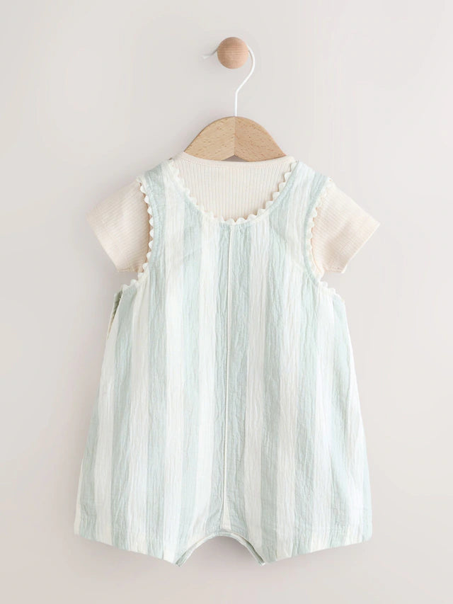 |BabyGirl| Conjunto De Macacão e Calça Jeans Listrado Verde Menta Para Bebê (0 meses a 2 anosM