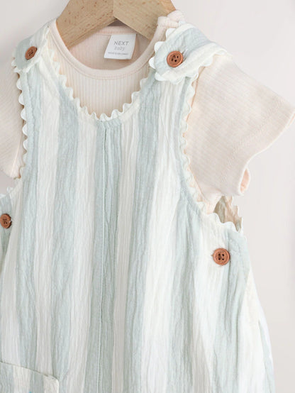 |BabyGirl| Conjunto De Macacão e Calça Jeans Listrado Verde Menta Para Bebê (0 meses a 2 anosM