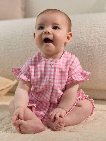 |BabyGirl| Conjunto De Camisa e Shorts 100% Algodão Xadrez Rosa Para Bebê (0 meses a 3 anos)