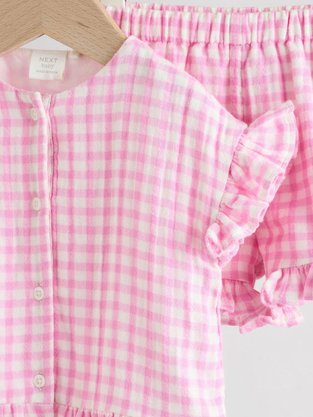 |BabyGirl| Conjunto De Camisa e Shorts 100% Algodão Xadrez Rosa Para Bebê (0 meses a 3 anos)