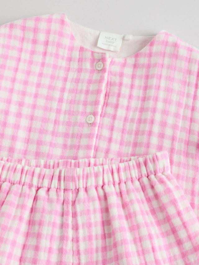 |BabyGirl| Conjunto De Camisa e Shorts 100% Algodão Xadrez Rosa Para Bebê (0 meses a 3 anos)
