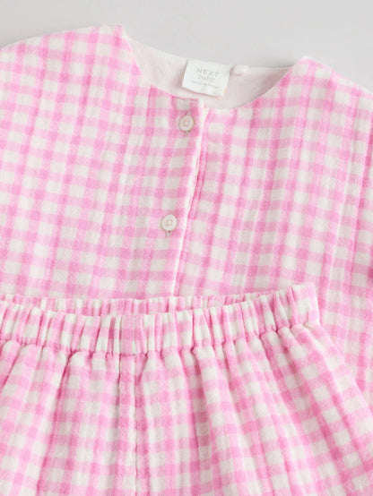 |BabyGirl| Conjunto De Camisa e Shorts 100% Algodão Xadrez Rosa Para Bebê (0 meses a 3 anos)