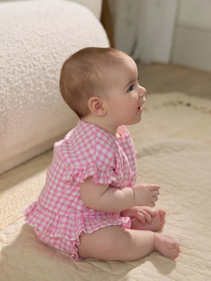 |BabyGirl| Conjunto De Camisa e Shorts 100% Algodão Xadrez Rosa Para Bebê (0 meses a 3 anos)
