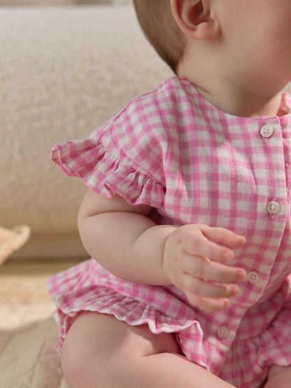 |BabyGirl| Conjunto De Camisa e Shorts 100% Algodão Xadrez Rosa Para Bebê (0 meses a 3 anos)