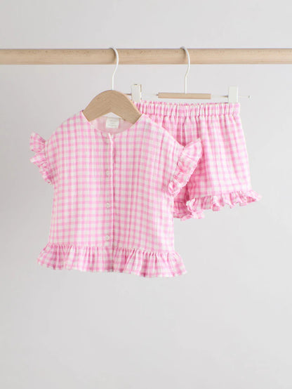 |BabyGirl| Conjunto De Camisa e Shorts 100% Algodão Xadrez Rosa Para Bebê (0 meses a 3 anos)