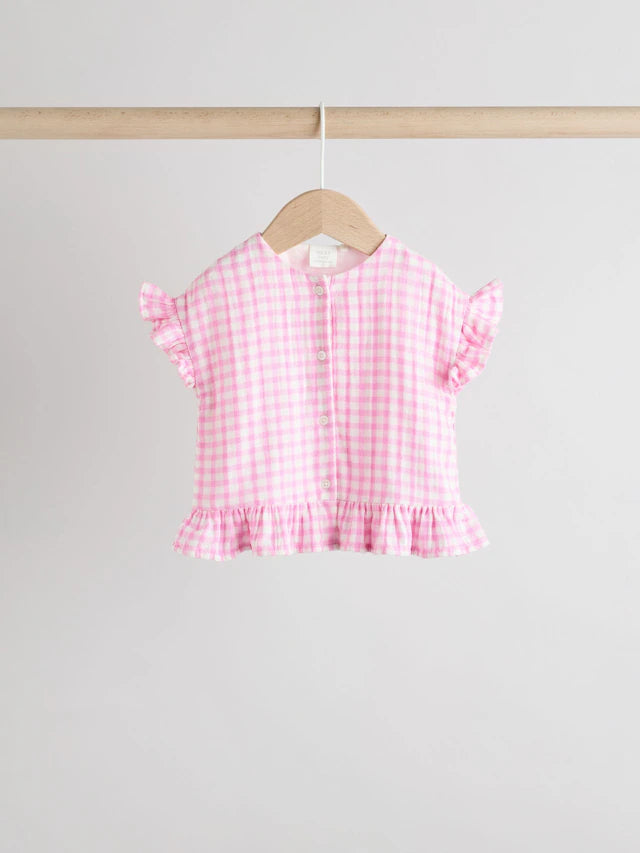 |BabyGirl| Conjunto De Camisa e Shorts 100% Algodão Xadrez Rosa Para Bebê (0 meses a 3 anos)