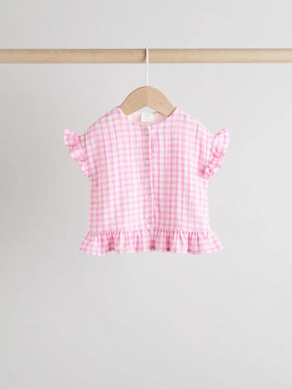 |BabyGirl| Conjunto De Camisa e Shorts 100% Algodão Xadrez Rosa Para Bebê (0 meses a 3 anos)