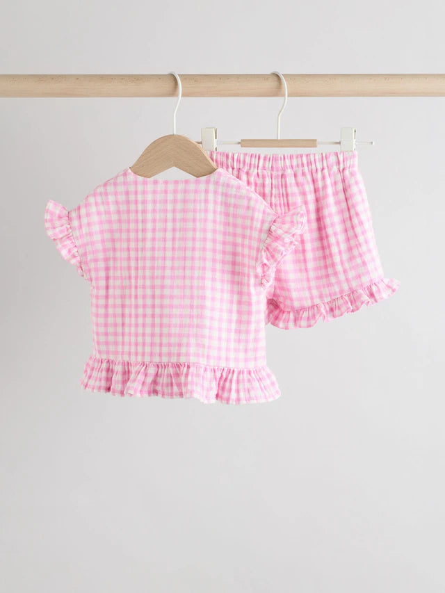 |BabyGirl| Conjunto De Camisa e Shorts 100% Algodão Xadrez Rosa Para Bebê (0 meses a 3 anos)