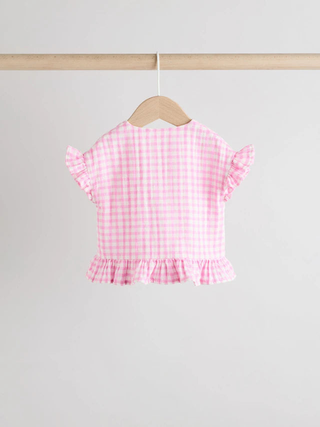 |BabyGirl| Conjunto De Camisa e Shorts 100% Algodão Xadrez Rosa Para Bebê (0 meses a 3 anos)