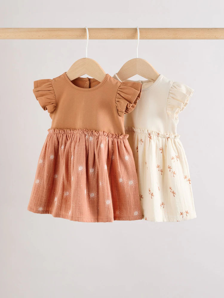 |BabyGirl| Vestidos De Malha Estampados Marrom Ferrugem e Creme Para Bebês, Pacote Com 2 (0 meses a 3 anos)