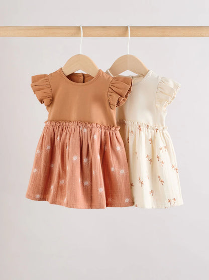 |BabyGirl| Vestidos De Malha Estampados Marrom Ferrugem e Creme Para Bebês, Pacote Com 2 (0 meses a 3 anos)