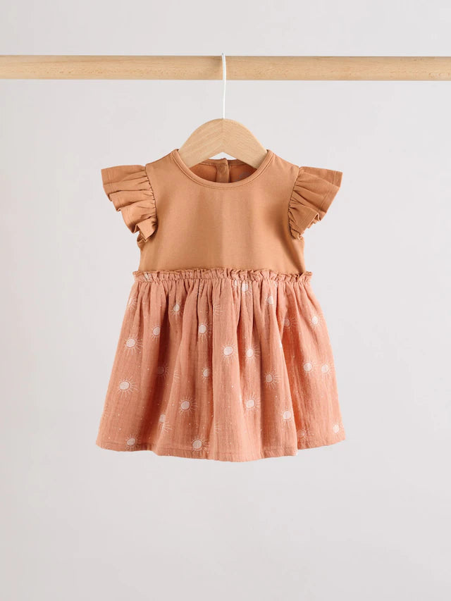 |BabyGirl| Vestidos De Malha Estampados Marrom Ferrugem e Creme Para Bebês, Pacote Com 2 (0 meses a 3 anos)