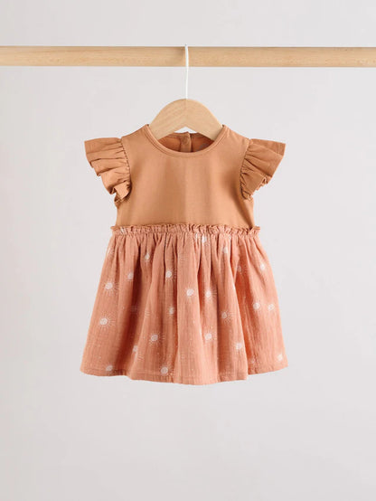 |BabyGirl| Vestidos De Malha Estampados Marrom Ferrugem e Creme Para Bebês, Pacote Com 2 (0 meses a 3 anos)