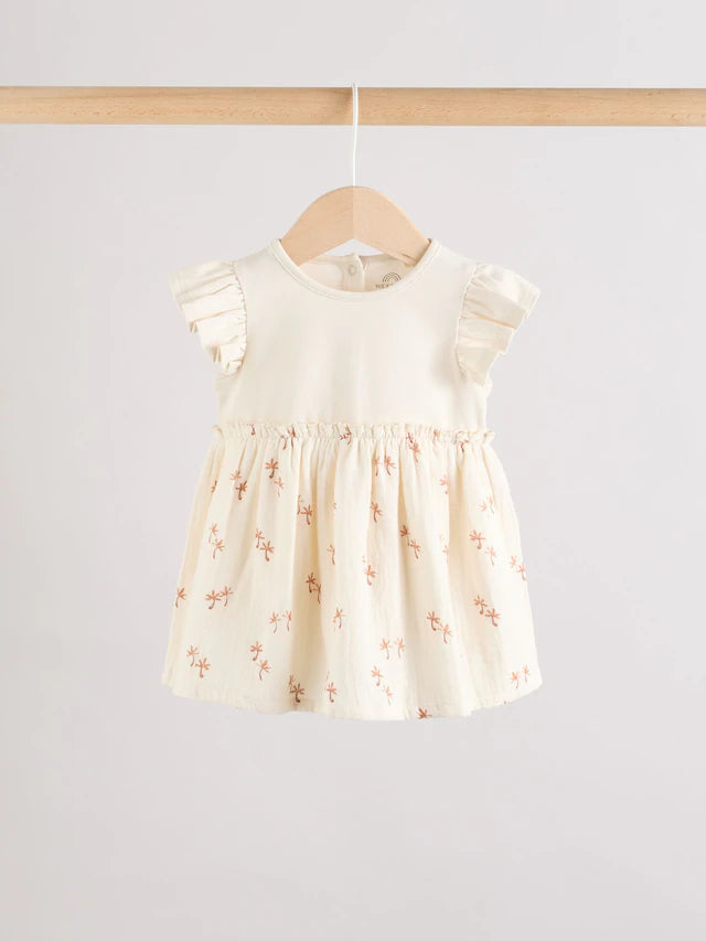 |BabyGirl| Vestidos De Malha Estampados Marrom Ferrugem e Creme Para Bebês, Pacote Com 2 (0 meses a 3 anos)