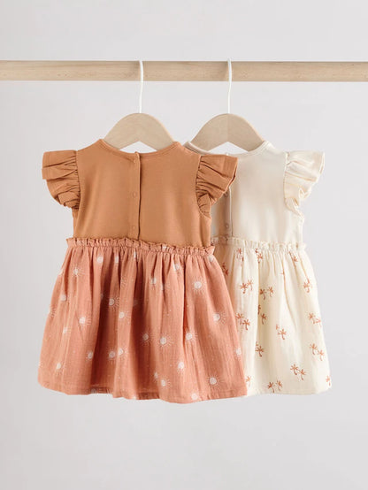 |BabyGirl| Vestidos De Malha Estampados Marrom Ferrugem e Creme Para Bebês, Pacote Com 2 (0 meses a 3 anos)
