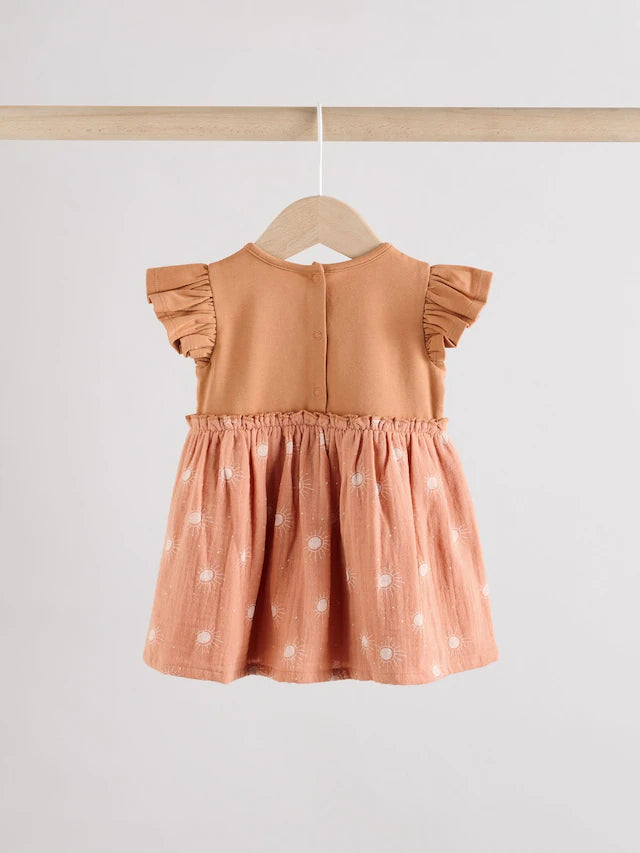 |BabyGirl| Vestidos De Malha Estampados Marrom Ferrugem e Creme Para Bebês, Pacote Com 2 (0 meses a 3 anos)