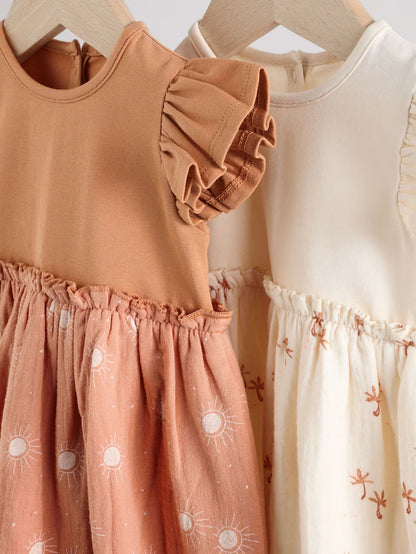 |BabyGirl| Vestidos De Malha Estampados Marrom Ferrugem e Creme Para Bebês, Pacote Com 2 (0 meses a 3 anos)