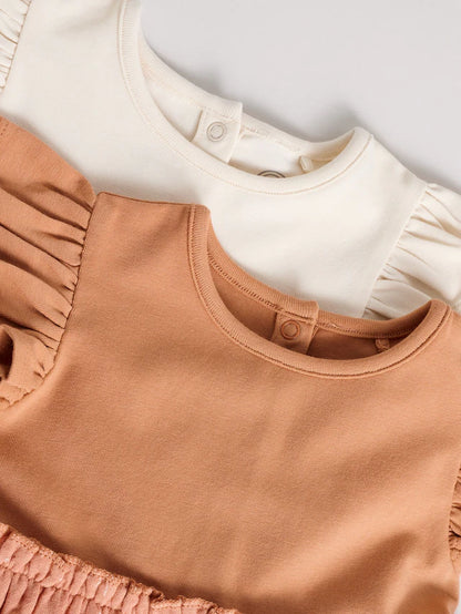 |BabyGirl| Vestidos De Malha Estampados Marrom Ferrugem e Creme Para Bebês, Pacote Com 2 (0 meses a 3 anos)