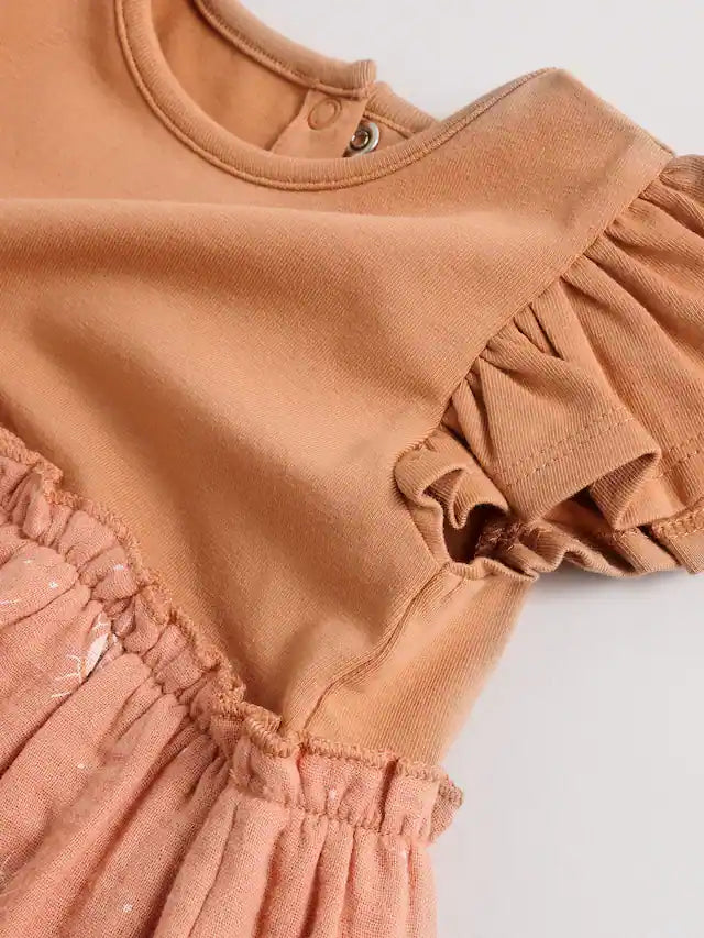 |BabyGirl| Vestidos De Malha Estampados Marrom Ferrugem e Creme Para Bebês, Pacote Com 2 (0 meses a 3 anos)