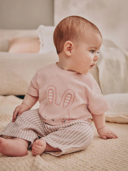|BabyGirl| Conjunto De 2 Peças De Camiseta e Calça Larga 100% Algodão Listrada De Coelho Branco/Rosa Para Bebê