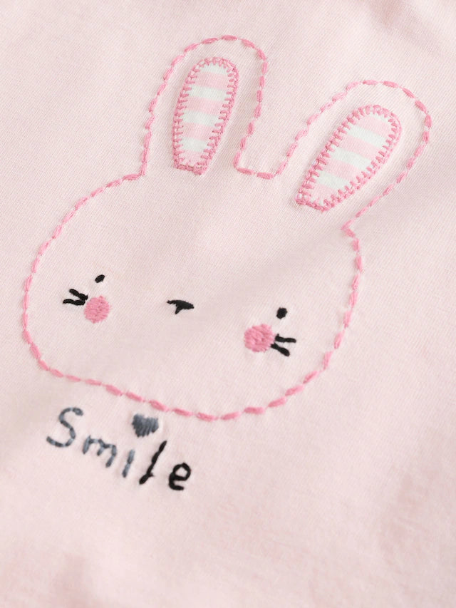 |BabyGirl| Conjunto De 2 Peças De Camiseta e Calça Larga 100% Algodão Listrada De Coelho Branco/Rosa Para Bebê