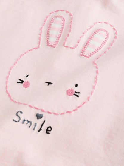 |BabyGirl| Conjunto De 2 Peças De Camiseta e Calça Larga 100% Algodão Listrada De Coelho Branco/Rosa Para Bebê