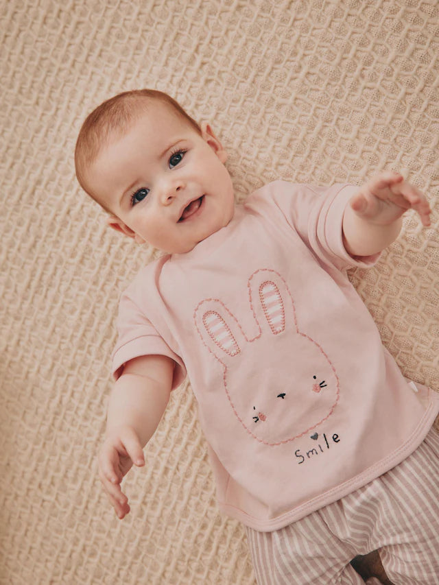 |BabyGirl| Conjunto De 2 Peças De Camiseta e Calça Larga 100% Algodão Listrada De Coelho Branco/Rosa Para Bebê