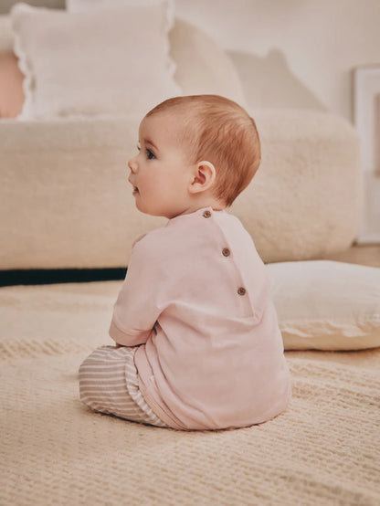 |BabyGirl| Conjunto De 2 Peças De Camiseta e Calça Larga 100% Algodão Listrada De Coelho Branco/Rosa Para Bebê