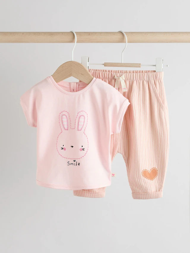 |BabyGirl| Conjunto De 2 Peças De Camiseta e Calça Larga 100% Algodão Listrada De Coelho Branco/Rosa Para Bebê