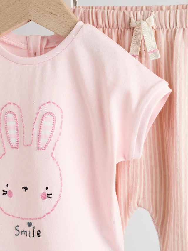 |BabyGirl| Conjunto De 2 Peças De Camiseta e Calça Larga 100% Algodão Listrada De Coelho Branco/Rosa Para Bebê