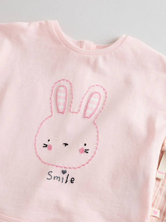 |BabyGirl| Conjunto De 2 Peças De Camiseta e Calça Larga 100% Algodão Listrada De Coelho Branco/Rosa Para Bebê