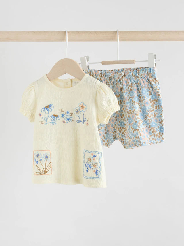 |BabyGirl| Conjunto De 2 Peças De Camiseta e Shorts Com Manga Bufante e Estampa Floral Azul e crua para bebê