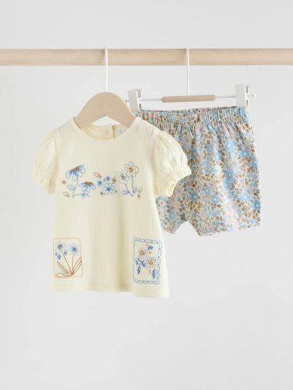 |BabyGirl| Conjunto De 2 Peças De Camiseta e Shorts Com Manga Bufante e Estampa Floral Azul e crua para bebê