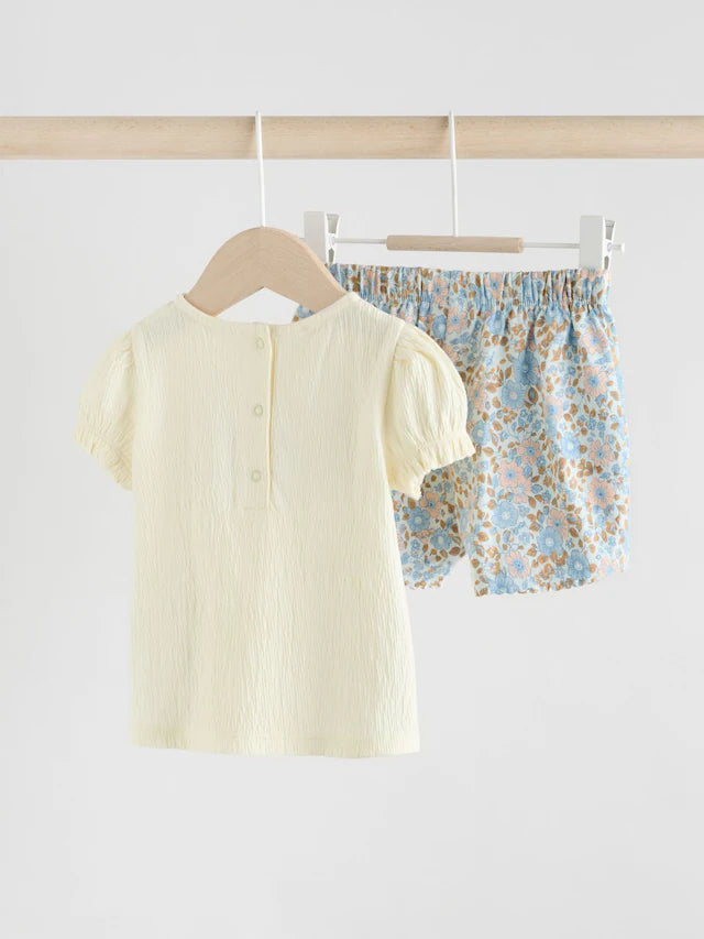 |BabyGirl| Conjunto De 2 Peças De Camiseta e Shorts Com Manga Bufante e Estampa Floral Azul e crua para bebê