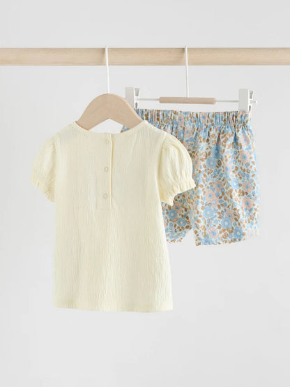 |BabyGirl| Conjunto De 2 Peças De Camiseta e Shorts Com Manga Bufante e Estampa Floral Azul e crua para bebê