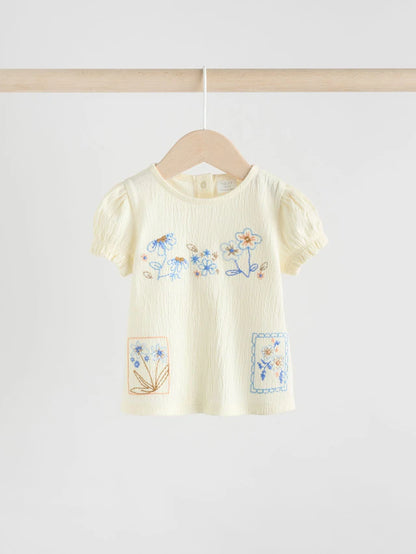 |BabyGirl| Conjunto De 2 Peças De Camiseta e Shorts Com Manga Bufante e Estampa Floral Azul e crua para bebê