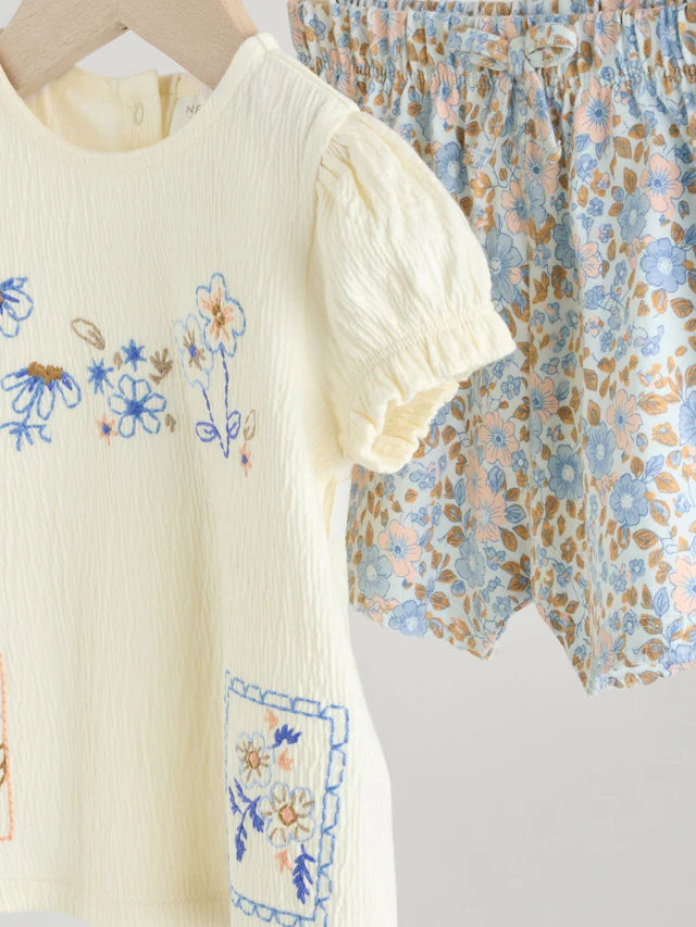 |BabyGirl| Conjunto De 2 Peças De Camiseta e Shorts Com Manga Bufante e Estampa Floral Azul e crua para bebê