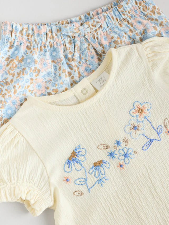 |BabyGirl| Conjunto De 2 Peças De Camiseta e Shorts Com Manga Bufante e Estampa Floral Azul e crua para bebê