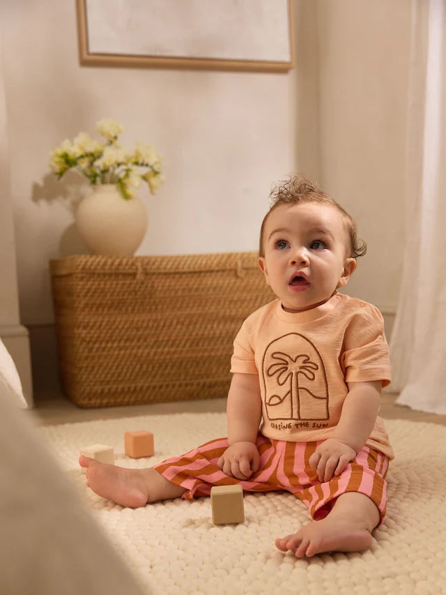 |BabyBoy| Conjunto De Blusa e Calça De Manga Curta Coral/Laranja/Rosa Para Bebê