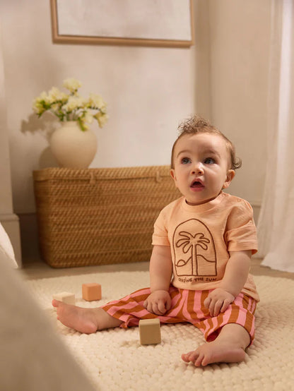 |BabyBoy| Conjunto De Blusa e Calça De Manga Curta Coral/Laranja/Rosa Para Bebê