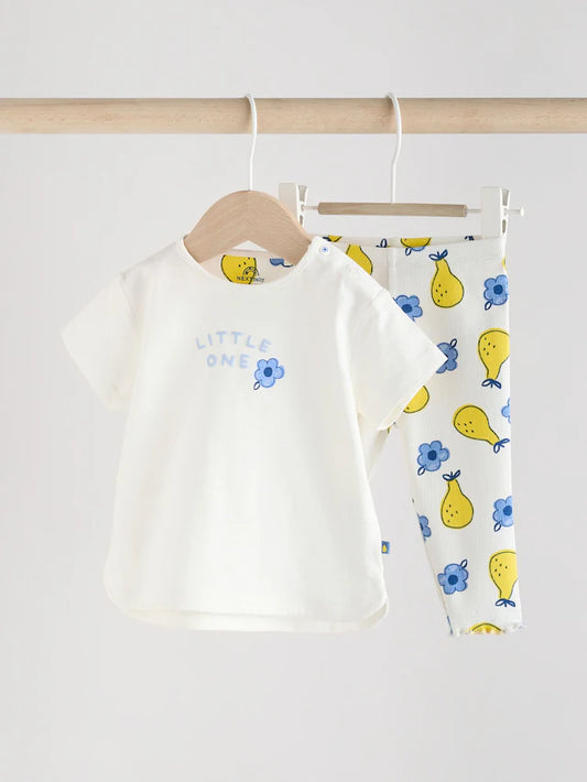 |BabyGirl| Conjunto De 2 Peças De Blusa e Leggings De Manga Curta Para Bebê, Branco/Azul/Amarelo