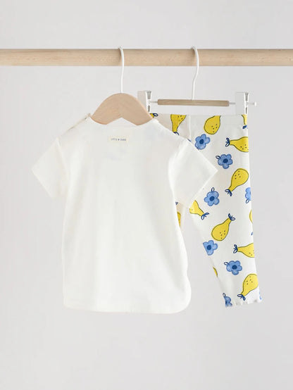 |BabyGirl| Conjunto De 2 Peças De Blusa e Leggings De Manga Curta Para Bebê, Branco/Azul/Amarelo