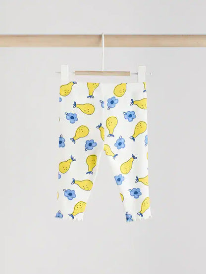 |BabyGirl| Conjunto De 2 Peças De Blusa e Leggings De Manga Curta Para Bebê, Branco/Azul/Amarelo