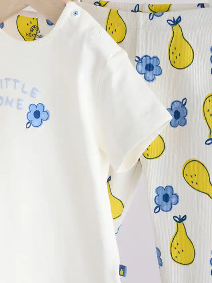 |BabyGirl| Conjunto De 2 Peças De Blusa e Leggings De Manga Curta Para Bebê, Branco/Azul/Amarelo