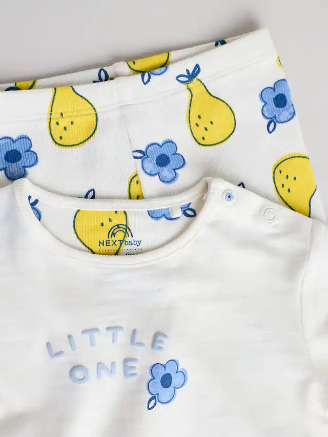 |BabyGirl| Conjunto De 2 Peças De Blusa e Leggings De Manga Curta Para Bebê, Branco/Azul/Amarelo