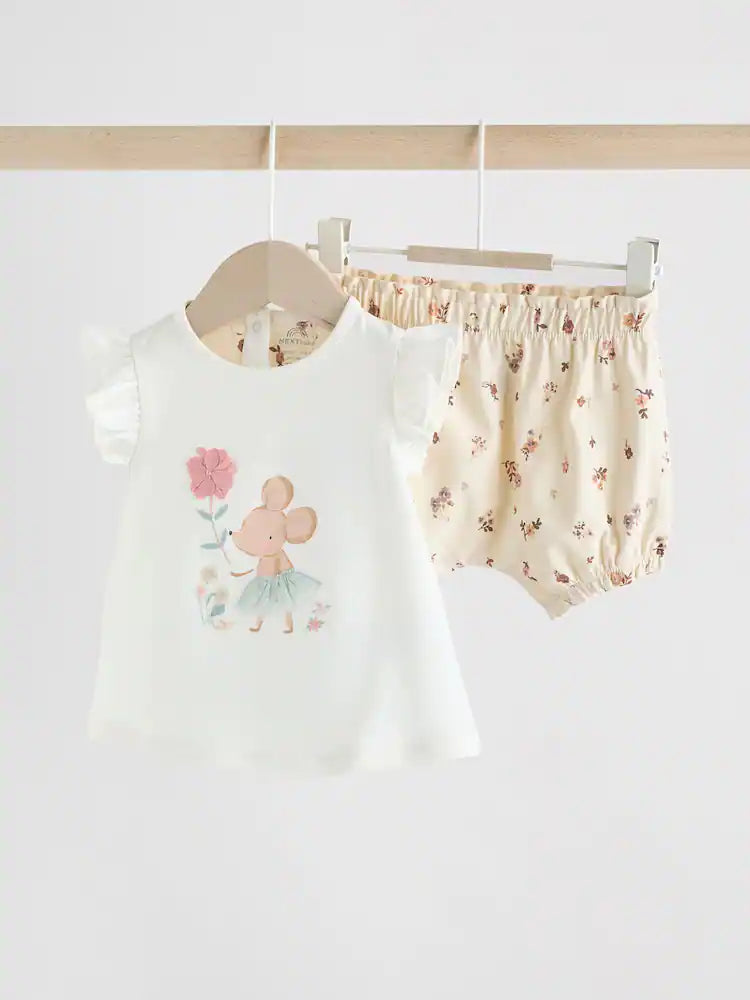 |BabyGirl| Conjunto De 2 Peças De Blusa e Shorts De Manga Curta Cru Para Bebê