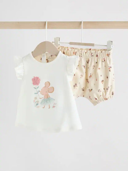 |BabyGirl| Conjunto De 2 Peças De Blusa e Shorts De Manga Curta Cru Para Bebê