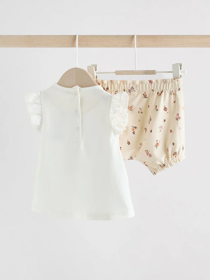 |BabyGirl| Conjunto De 2 Peças De Blusa e Shorts De Manga Curta Cru Para Bebê