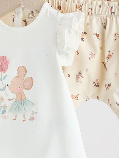 |BabyGirl| Conjunto De 2 Peças De Blusa e Shorts De Manga Curta Cru Para Bebê