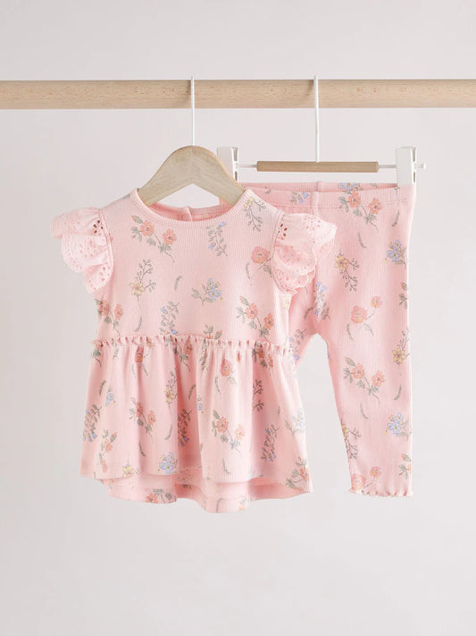 |BabyGirl| Conjunto De 2 Peças De Blusa e Leggings Com Babados De Manga Curta Para Bebê Floral Rosa